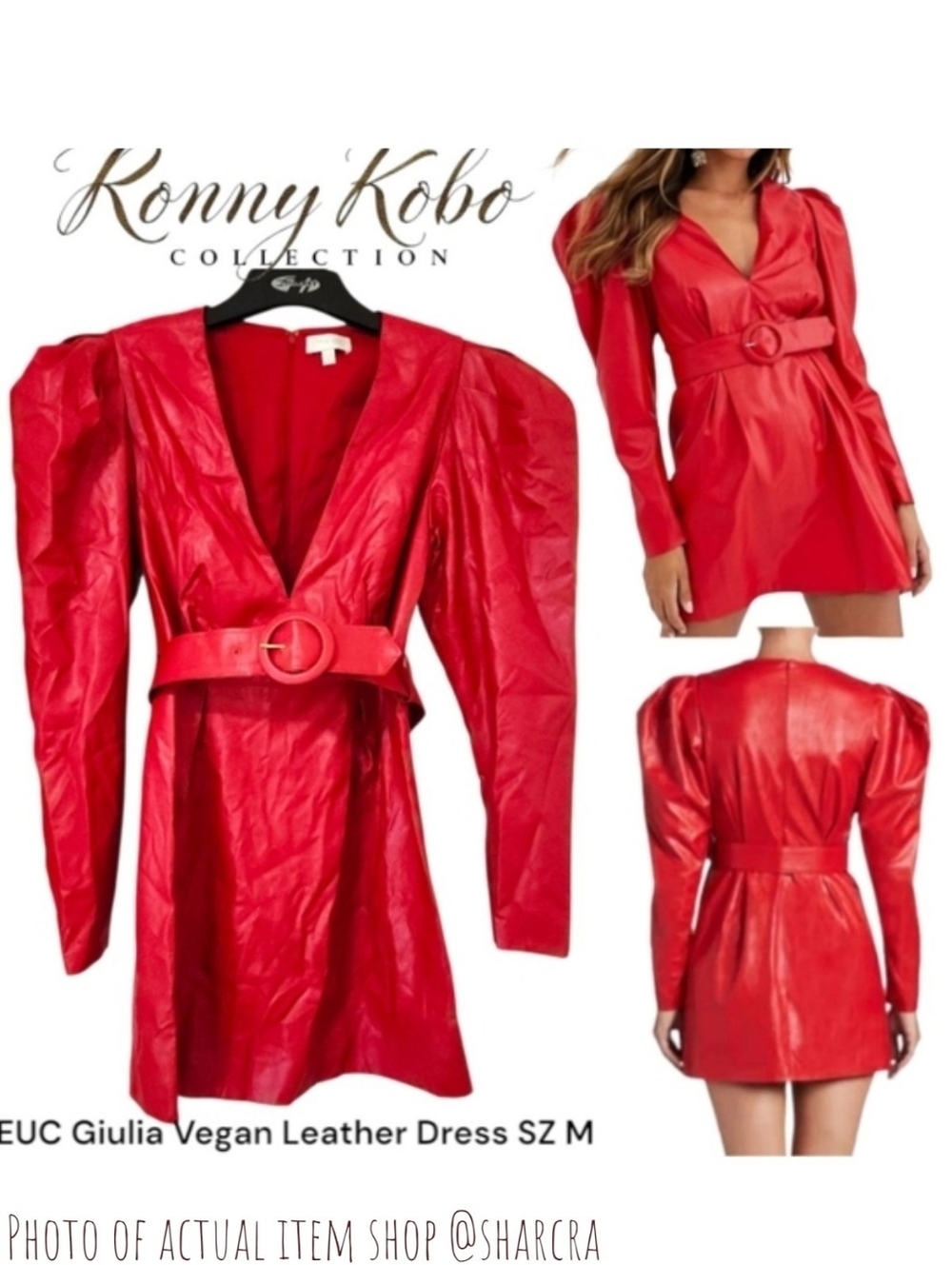 Ronny Kobo Women's Red Giulia Vegan Faux Leather Dress Puff Sleeve Belted Mini M